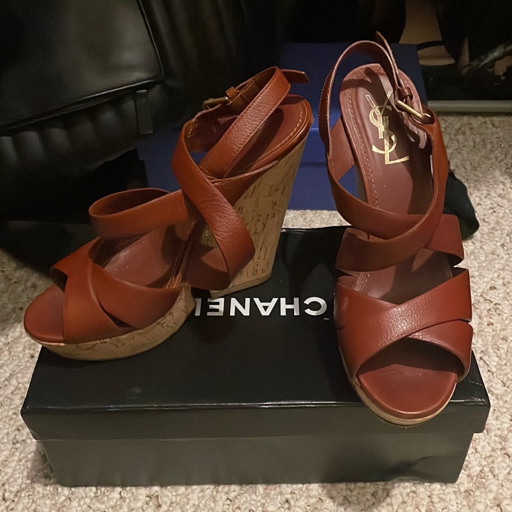 Brown leather YSL cork wedges